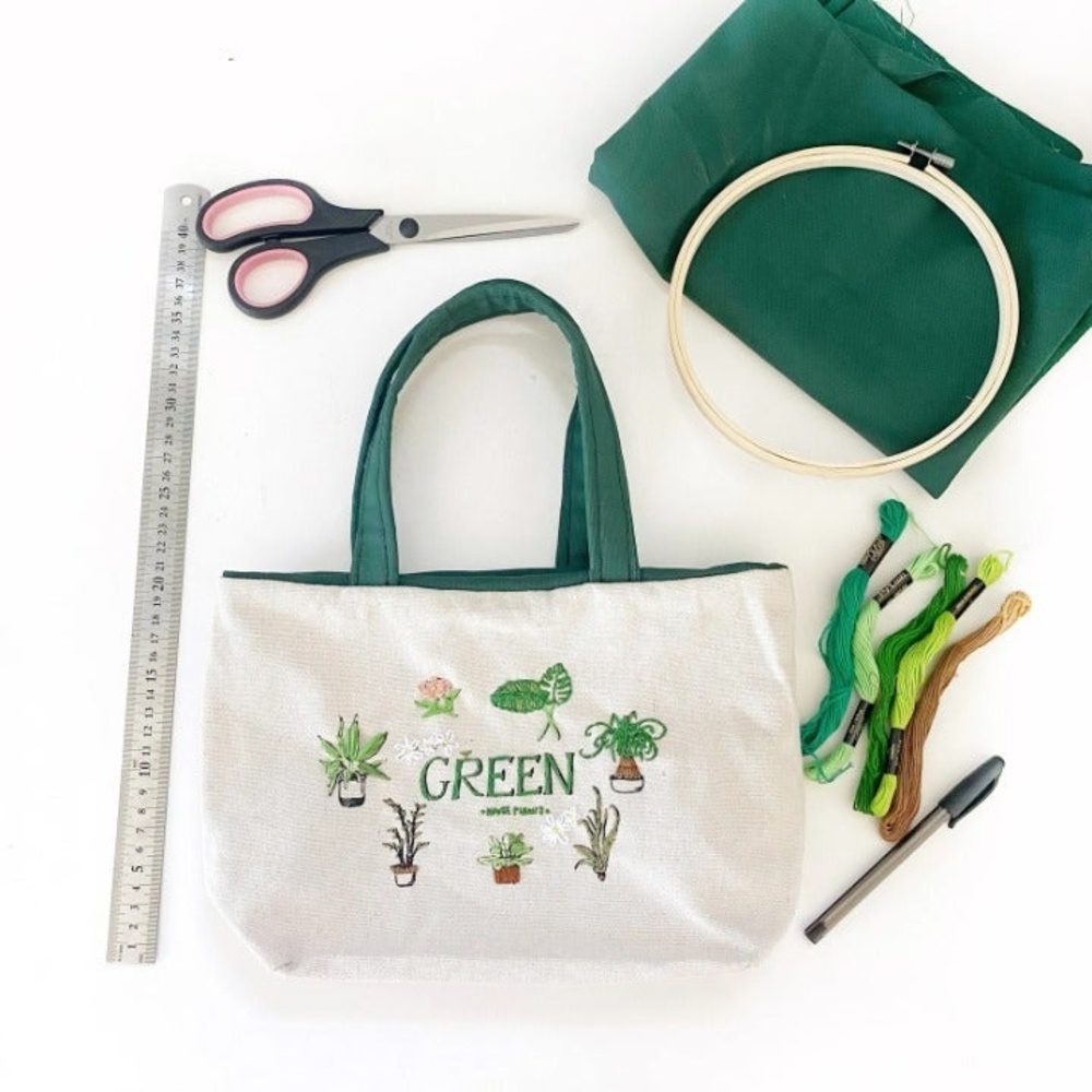 Hand-Embroidered Botanical Houseplant Bag